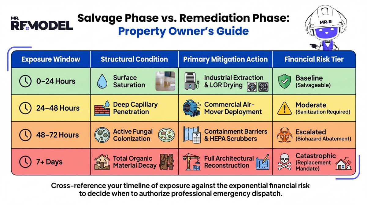 A clean, high-performance table infographic digitizes the "Salvage Phase vs. Remediation Phase" dataset. It provides property owners with a highly scannable grid to cross-reference their specific timeline of exposure against the exponential financial risk, helping them decide when to authorize professional emergency dispatch.